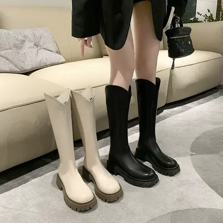 骑士靴女2023年新款夏季v口长筒靴高筒英伦风显瘦厚底不过膝长靴图片