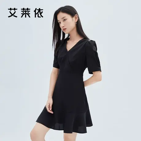艾莱依新款女连衣裙夏高级感荷叶边赫本风法式裙子通勤休闲过膝裙图片