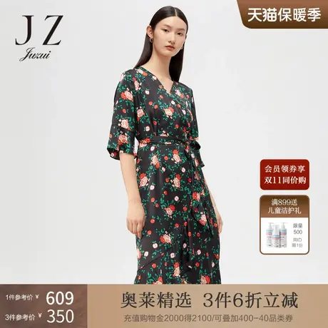 JUZUI/玖姿官方奥莱店春秋季新款黑色碎花收腰茶歇裙女连衣裙图片