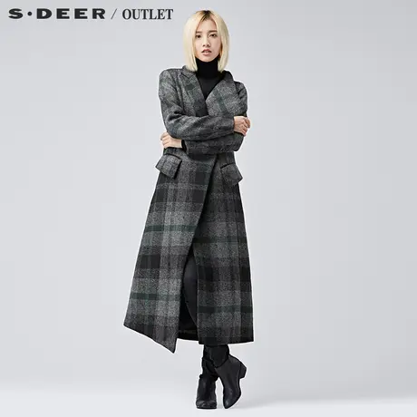 sdeer圣迪奥女2017冬装不对称经典格纹帅气长款毛呢大衣S16881873图片