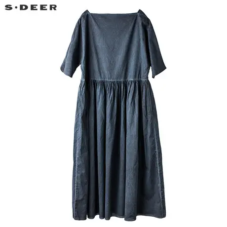 sdeer圣迪奥2019夏装一字领高腰分割细褶磨白蓝色连衣裙S17281275图片