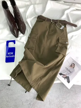 美式口袋弹力牛仔半身裙女2024春季新款显瘦包臀a字工装中长裙潮图片