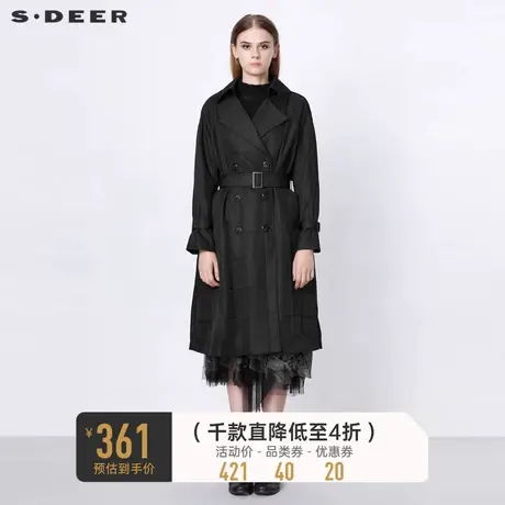 sdeer圣迪奥春秋装休闲翻领双排扣收腰肌理长款风衣S21381815图片