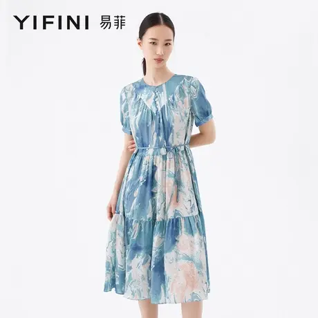 [专柜同款]Yifini/易菲100%桑蚕丝真丝印花茶歇裙女夏新款连衣裙图片