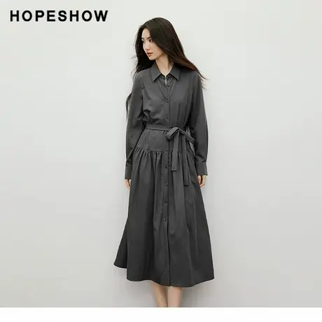 红袖2025秋季新款女装 捏褶拼接系带单排扣翻领衬衫连衣裙图片
