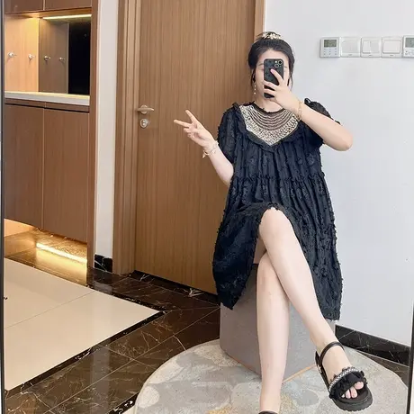a字连衣裙微胖女生遮肚子设计感2023新款夏季显瘦方领大码胖mm图片