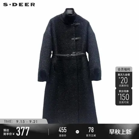 sdeer圣迪奥冬季女装复古立领收腰碎褶长款毛呢大衣S224Z25B2图片