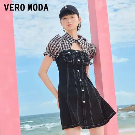 Vero Moda连衣裙夏季清仓复古格纹镂空拼接收腰牛仔裙收腰A摆裙子图片