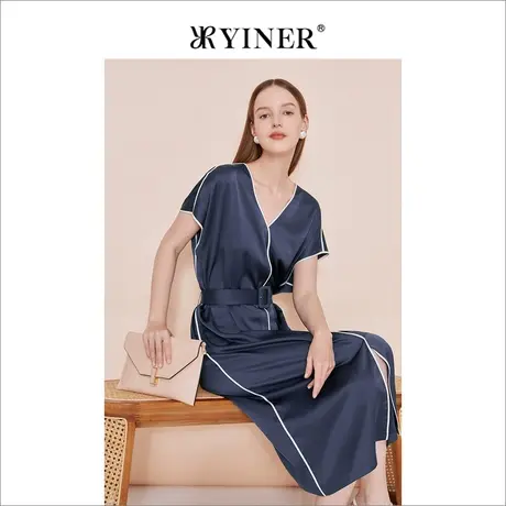 YINER音儿女装夏季女装时尚法式V领开衩收腰连衣裙图片