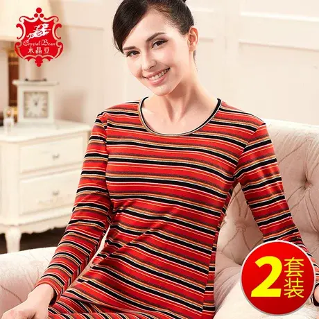 女士莱卡棉秋衣秋裤套装妈妈条纹棉毛衫中老年人保暖内衣打底冬季商品大图