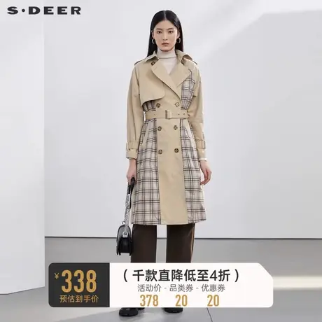 sdeer圣迪奥女装春秋装英伦风格纹双排扣长款风衣女S21361802图片
