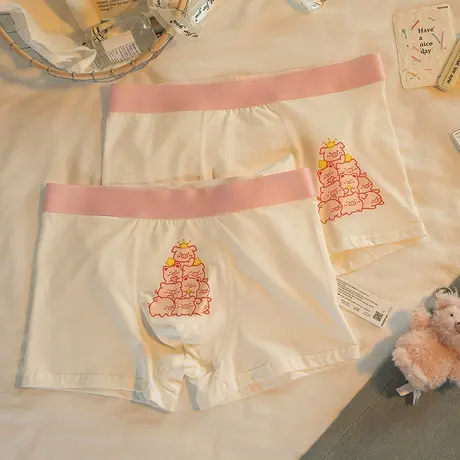 叠叠粉猪~男士内裤纯棉抗菌夏季卡通可爱粉色男生大码四角平角裤图片