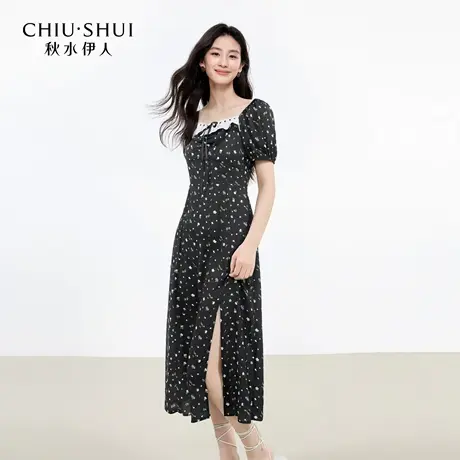 秋水伊人优雅镂空蕾丝花边裙子2025年夏季新款女撞色抽褶连衣裙图片