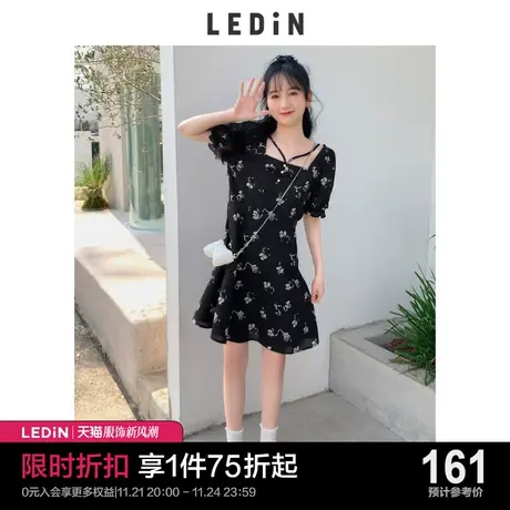 乐町细带收腰连衣裙2023春夏新款女小黑裙C5FAC2A03图片