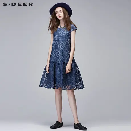 【商场同款】sdeer圣迪奥女挺括蓝调绣花拼接阔摆连衣裙S17281272图片