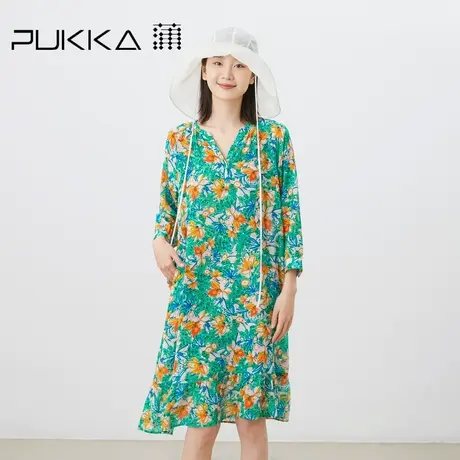 蒲PUKKA 原创设计夏季新品真丝浪漫印花宽松法式连衣裙图片