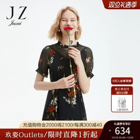 JZ玖姿奥莱年夏季黑色真丝优雅印花蕾丝连衣裙女短袖桑蚕丝长裙子图片