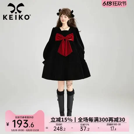 KEIKO 法式蝴蝶结饰丝绒连衣裙25春季千金感约会穿搭礼服小黑裙子图片