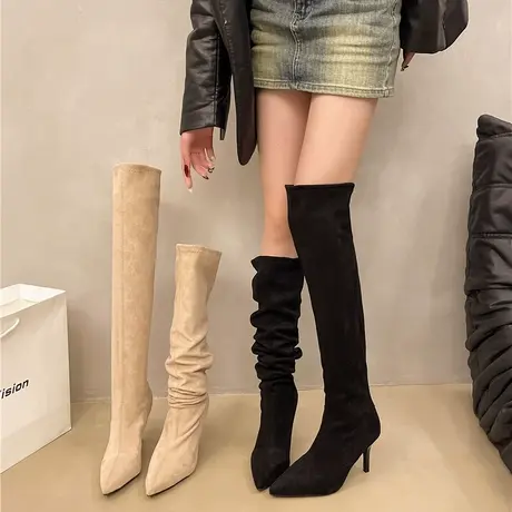 尖头细跟高筒靴女2025年新款秋季气质百搭过膝长靴高跟显瘦堆堆靴图片