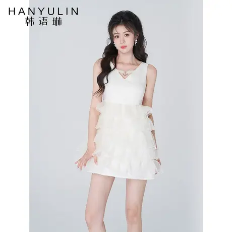韩语琳杏色背带连衣裙女夏季V领蓬蓬短裙2023年新款在逃公主裙子图片
