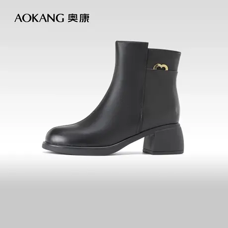 奥康女鞋 2023冬季新款简约时尚经典短靴加绒黑色干练时装靴图片