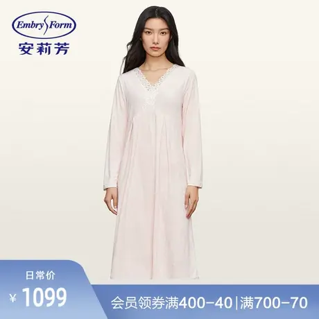 安莉芳专柜新品棉质v领长袖睡裙女士蕾丝花边舒适家居裙EL00609图片