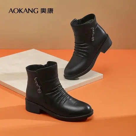 【门店发货】奥康女鞋 冬季新款真皮粗跟妈妈鞋时尚短靴时装靴商品大图