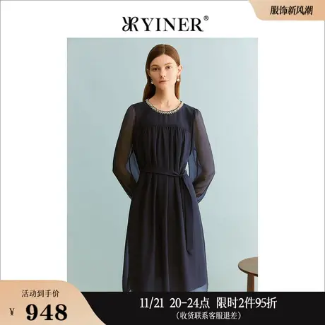 YINER音儿专选女装秋季钉珠圆领收腰显瘦网纱连衣裙图片
