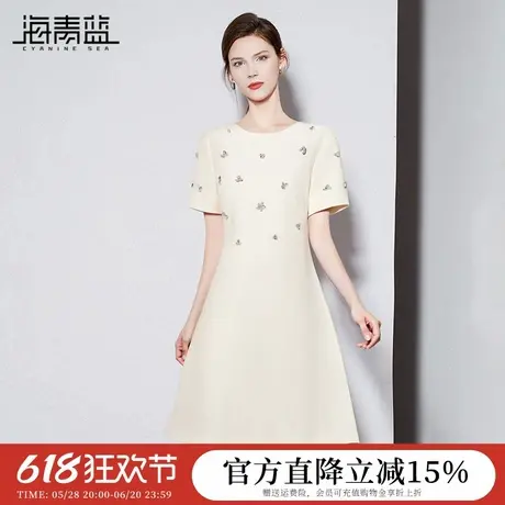 海青蓝2025夏季新款高级感重工钉珠短袖连衣裙女气质通勤A字裙图片