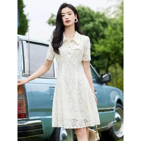 时尚气质蕾丝短袖连衣裙2023年夏季新款淑女温柔翻领显瘦中长款裙图片