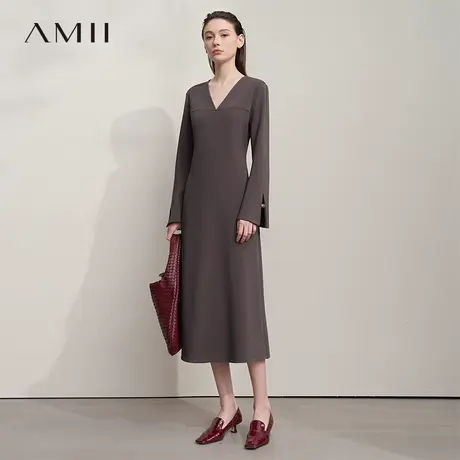 Amii2025秋新款V领莫代尔棉修身空气层收腰连衣裙女微喇叭袖裙子图片