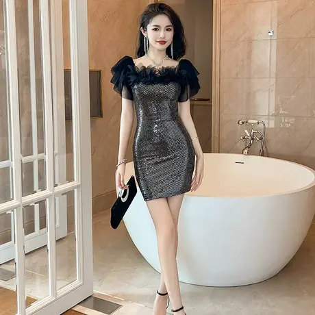 性感抹胸一字肩亮片连衣裙女气质显瘦显高小个子黑色薄纱包臀短裙图片