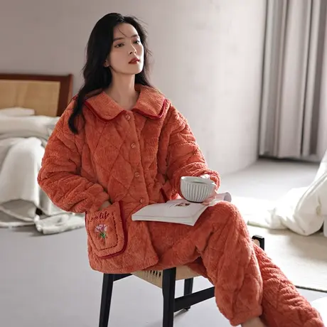 婷美珊瑚绒三层夹棉睡衣女秋冬季开衫加厚加绒保暖棉袄家居服套装图片