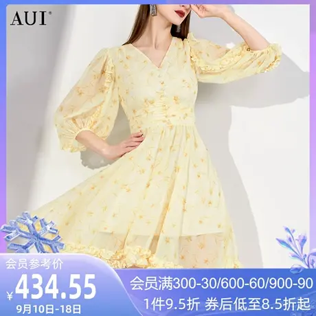 AUI黄色灯笼袖气质v领连衣裙女2023夏新款中袖减龄印花雪纺中长裙图片
