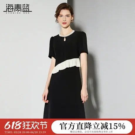 海青蓝气质名媛短袖连衣裙女2025夏季新款设计感钉珠领假两件裙子图片