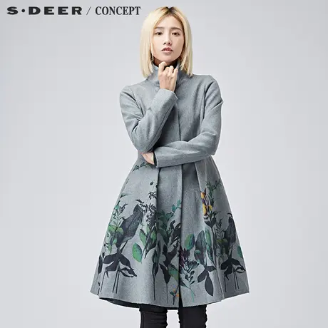 sdeer圣迪奥2018冬装草木印花收腰立领保暖毛呢大衣外套S16481860图片