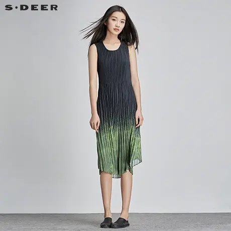 s.deer【新品】圣迪奥女夏装现代印象派绿意碎褶连衣裙S16281210图片