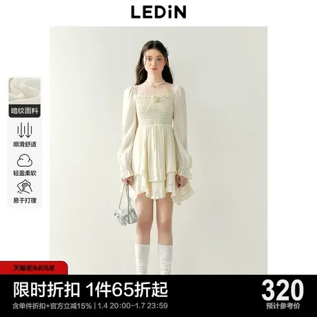 乐町收腰方领蛋糕裙24年春季新款精致玫瑰连衣裙少女感长袖公主裙图片