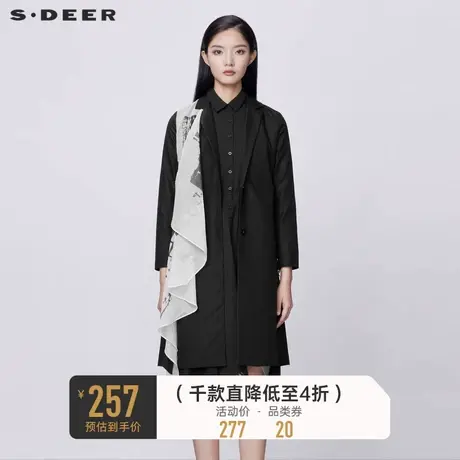 sdeer圣迪奥女装春秋装西装领印花雪纺拼接收腰长款风衣S21381806图片