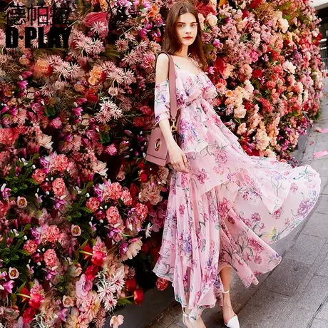DPLAY德帕拉夏欧美粉色印花多层荷叶边吊带超仙修身减龄连衣裙图片