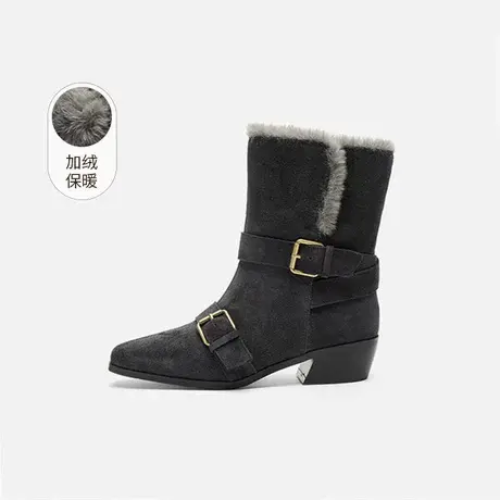 奥莱专供Nine West/玖熙加绒时装靴女皮带方扣保暖短靴中跟女靴子商品大图