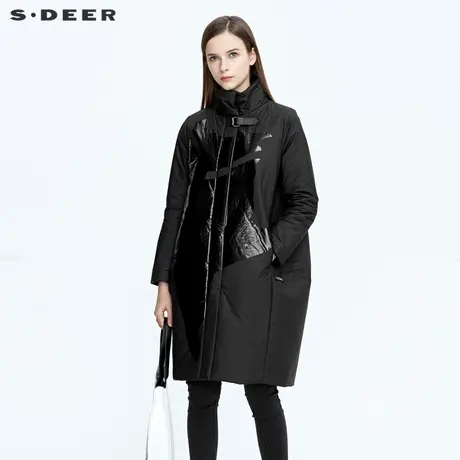 sdeer圣迪奥冬季女装休闲立领胶印拼接黑色长款大衣棉服S20481823图片