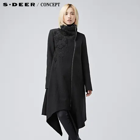 sdeer圣迪奥2017冬装女素朴古典绣花纯色斜襟毛呢大衣S16481874图片