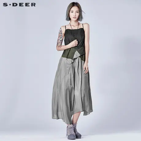 sdeer圣迪奥女2018夏棕榈印花风格吊带连衣裙S16281292图片