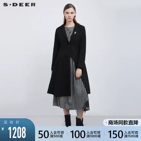 sdeer圣迪奥2021冬装新品西装领不规则网纱拼接毛呢大衣S21481827图片