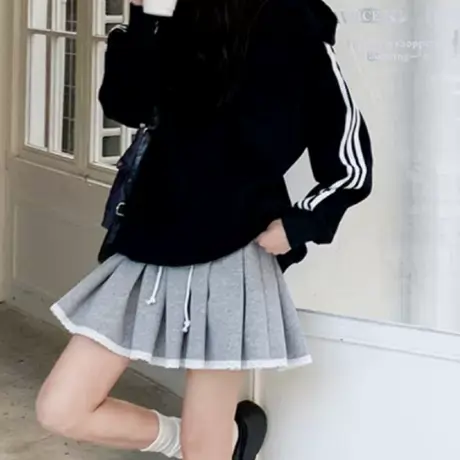 卫衣针织百褶裙蕾丝花边女秋冬高腰显瘦打底短裙搭配卫衣百搭半身图片