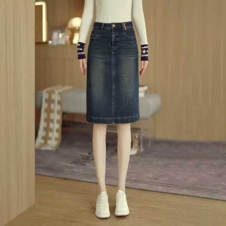 高腰牛仔半身裙女2025春秋显瘦A字裙中长款后开叉时尚百搭包臀裙图片