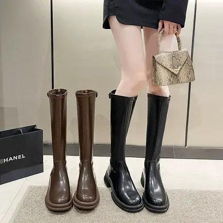 永希长筒靴女2023年春秋季新款高级漆皮法式瘦瘦靴粗跟高筒骑士靴商品大图