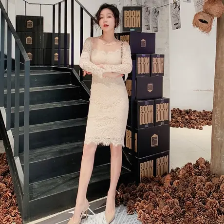 早秋蕾丝镂空修身包臀连衣裙露背性感气质聚会宴会晚礼服平时可穿图片