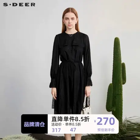 sdeer圣迪奥女装圆领蕾丝收腰网纱拼接连衣裙S231Z1277图片